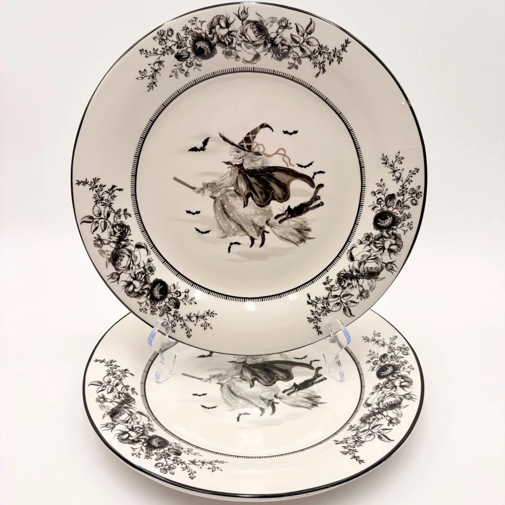 Potter's Studio Halloween Witch Black Cat Rose Dinner Plates Set of 2 Gold Trim